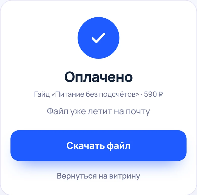 Страница «Оплачено»: файл уже летит на почту, кнопка «Скачать файл»